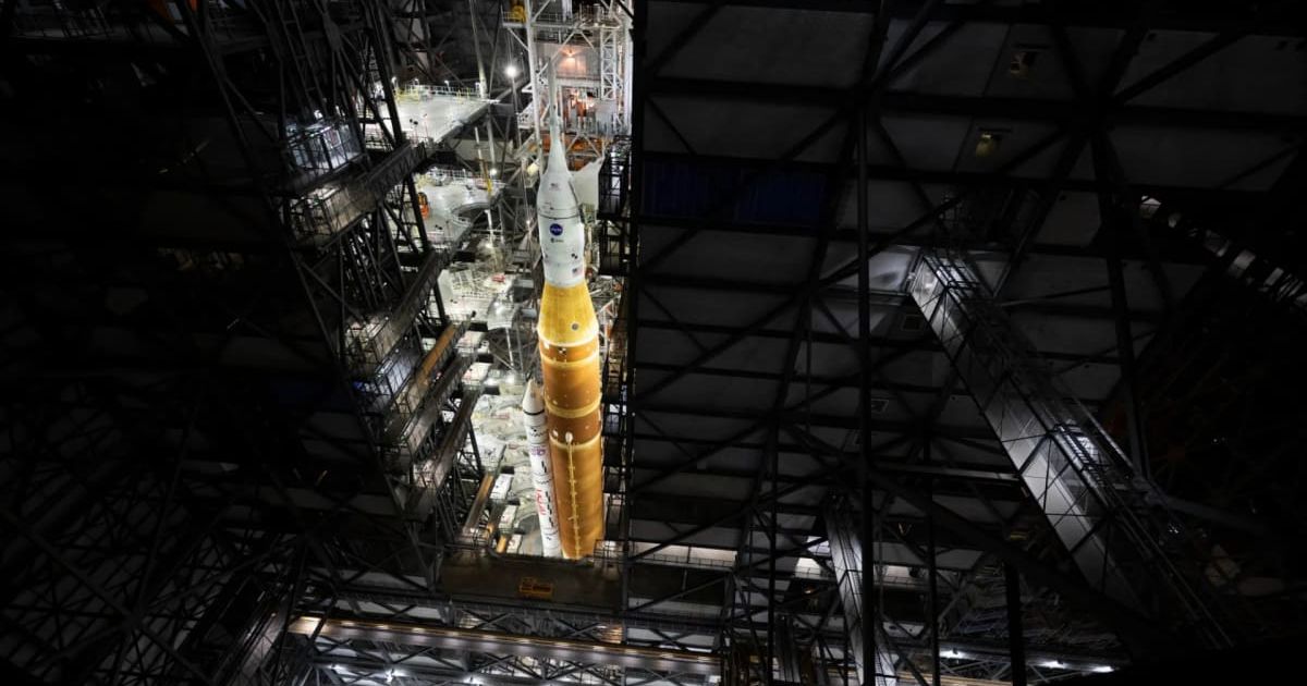NASA’s Artemis II Space Launch System (SLS) rocket and Orion spacecraft seen inside the Vehicle Assembly Building. (Cover Image Source: NASA | Joel Kowsky)