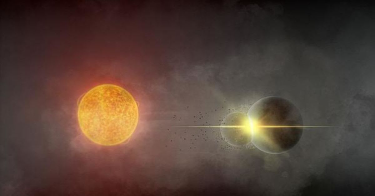 Lead author Andy Tzanidakis’ rendering of the planetary collision he suspects occurred around star Gaia20ehk in 2021. (Representative Cover Image Source: Andy Tzanidakis)