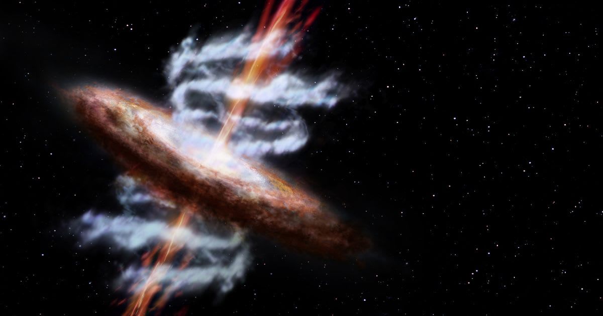 Artist’s impression of a galaxy releasing material through powerful jets (red/orange) and wide-angle outflows (grey/blue), both driven by the central black hole. (Representative Cover Image Source: ESA/AOES Medialab)
