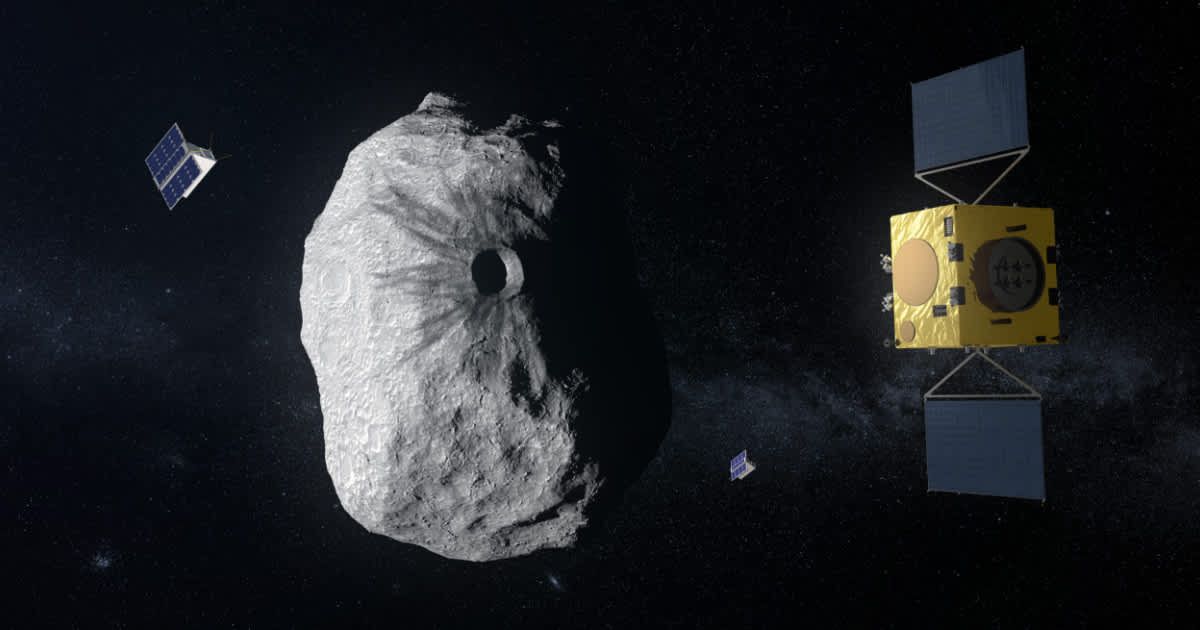 ESA’s Hera mission concept, currently under study, would be humanity’s first mission to a binary asteroid: the 800 m-diameter Didymos is accompanied by a 170 m-diameter secondary body. (Representative Cover Image Source: ESA)