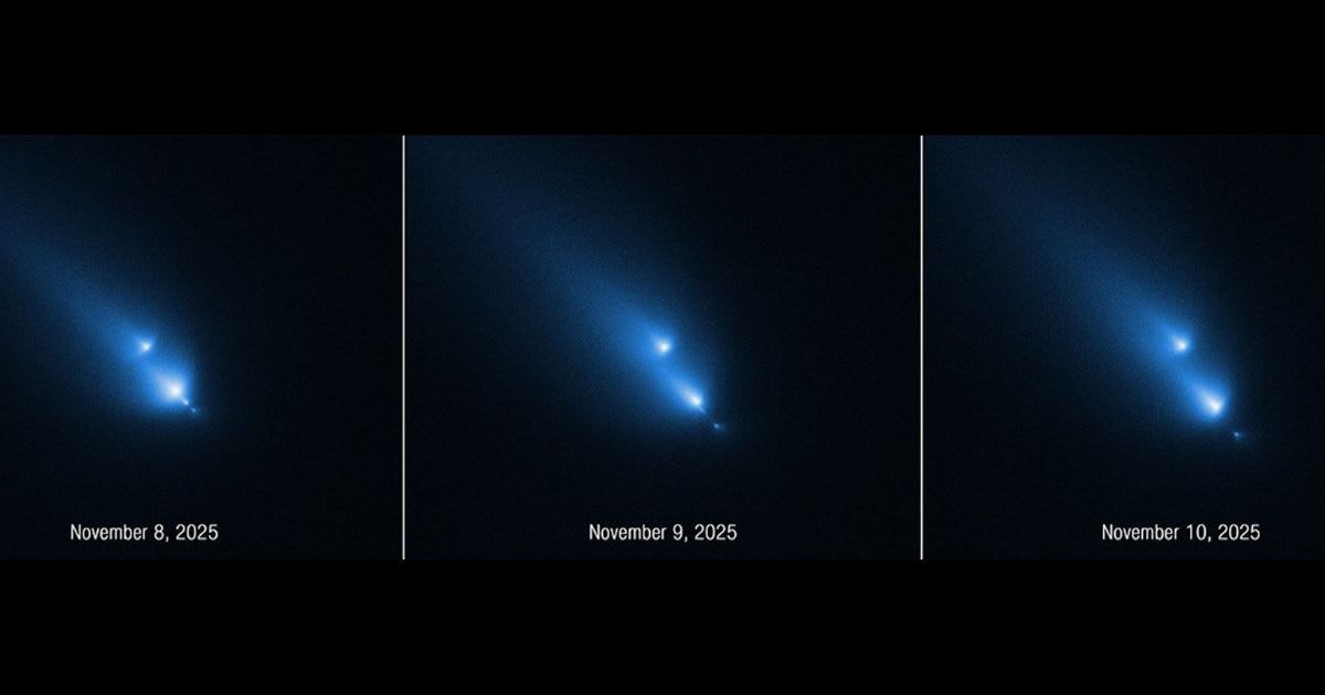 This Hubble series shows comet C/2025 K1 (ATLAS) fragmenting over Nov. 8–10, 2025. Captured with the STIS instrument, it reveals rapid disintegration across three days. [Cover Image Source: NASA, ESA, D. Bodewits (Auburn)]