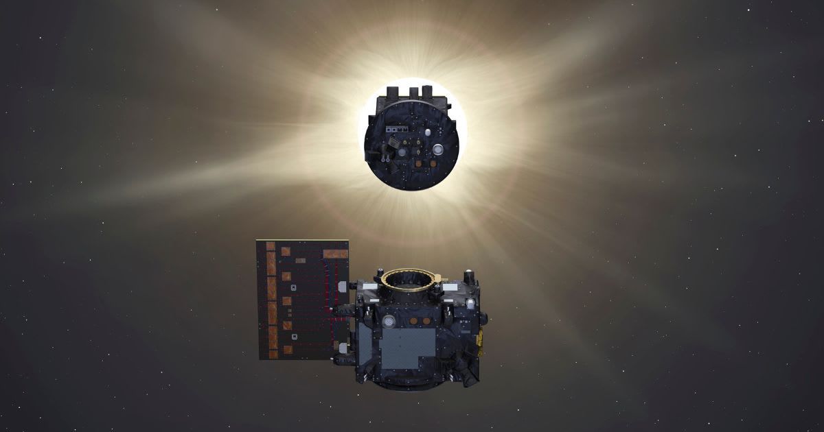 Artist's representation of the Proba-3 mission, with two spacecraft flying about 150 m apart to form an external coronagraph, one eclipsing the Sun so the other can study the solar corona. (Representative Cover Image source: ESA/P. Carril)