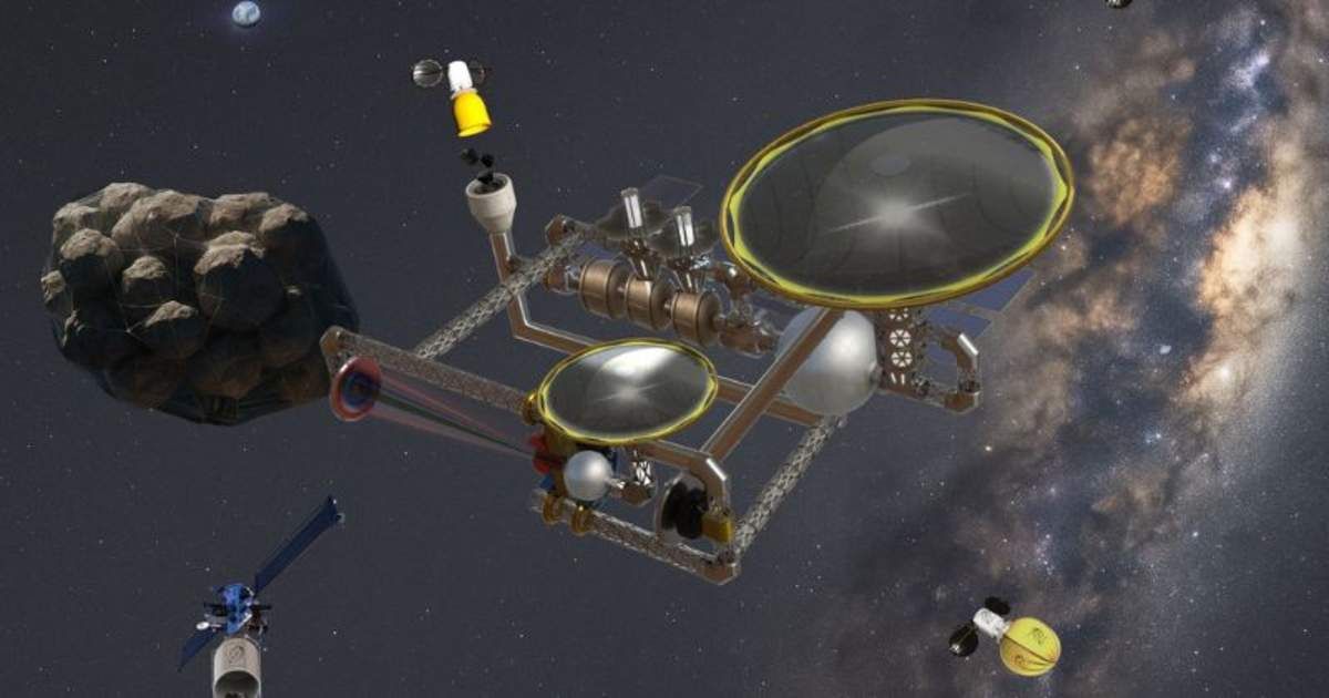 An artist's concept of the New Moon facility with aggregated small asteroids. (Representative Cover Image Source: TransAstra)