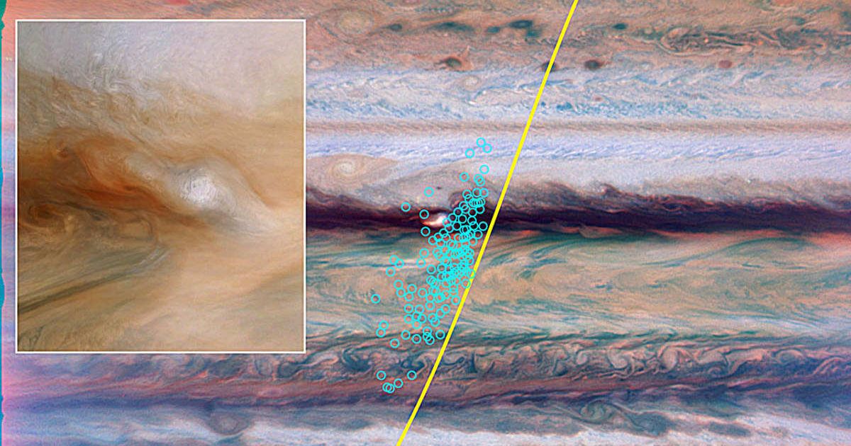 NASA’s Juno spacecraft (yellow track) over Jupiter’s atmosphere detects radio pulses from lightning (turquoise circles). (Cover Image Source: NASA/JPL-Caltech/SwRI/MSSS/Björn Jónsson (JunoCam))