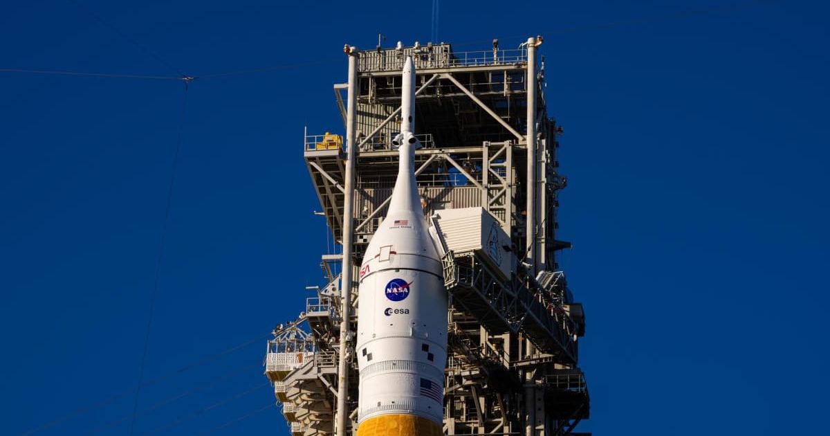 The sun sets on NASA’s SLS (Space Launch System) rocket and Orion spacecraft as they stand fully assembled atop the mobile launcher at Launch Pad 39B at NASA’s Kennedy Space Center in Florida on Jan. 31, 2026. (Cover Image Source: NASA/Sam Lott)