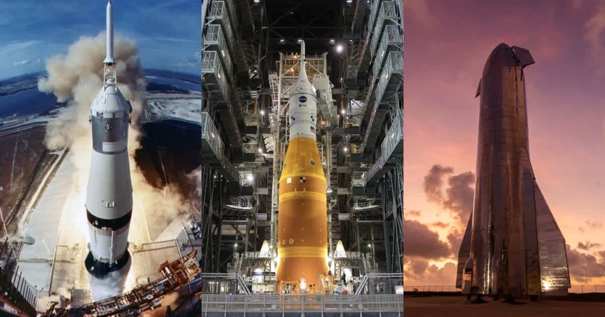 (L) Apollo 11 Saturn V lifts off on July 16, 1969. (M) NASA’s Artemis II SLS rocket inside the VAB on March 17, 2026. (R) Image of Starship test vehicle taken on September 30, 2019. (Cover Image Source: left and middle by NASA, right pic by SpaceX)