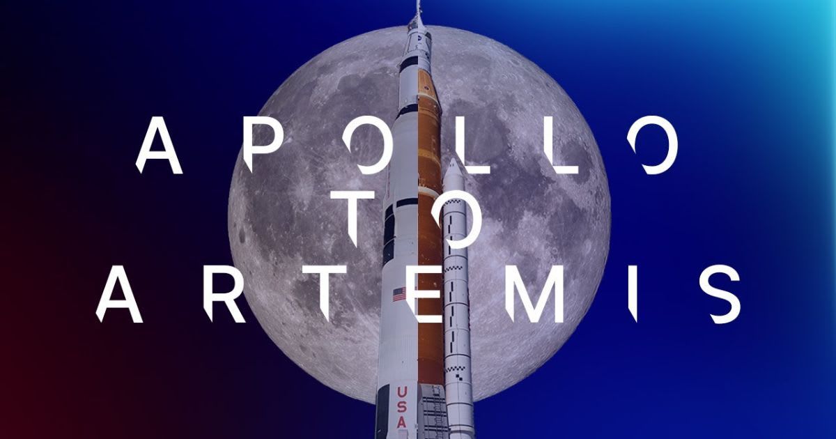 NASA promotional graphic (photo composite) of the SLS rocket and Orion capsule in front of the Moon with “Apollo to Artemis” text. (Cover Image Source: NASA's official YouTube channel)