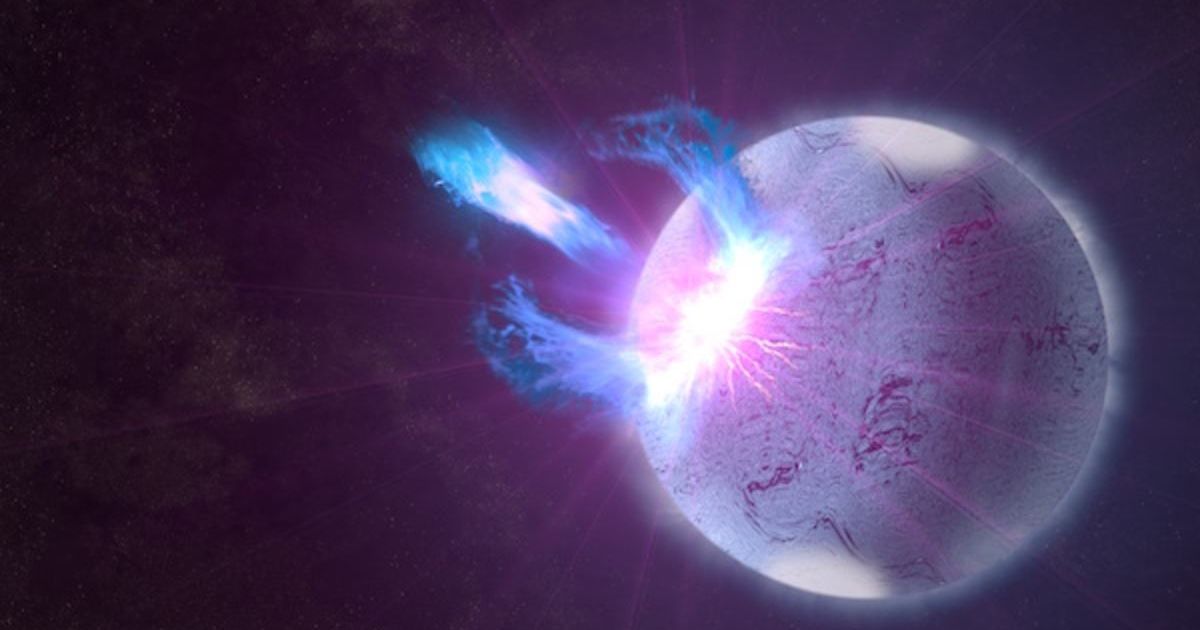 A rupture in the crust of a highly magnetized neutron star, shown here in an artist's rendering, can trigger high-energy eruptions. (Representative Cover Image Source: NASA's Goddard Space Flight Center/S. Wiessinger)