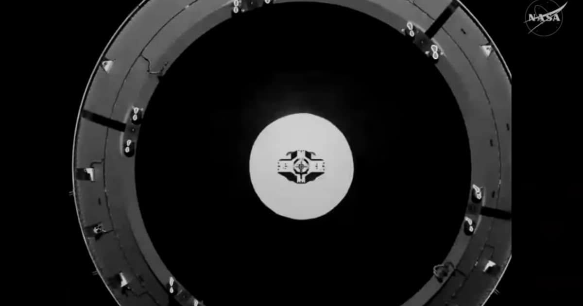 A view from the docking camera on NASA’s Orion looking at the ICPS as the Artemis II crew participates in a proximity operations demonstration. (Cover Image Source: NASA)