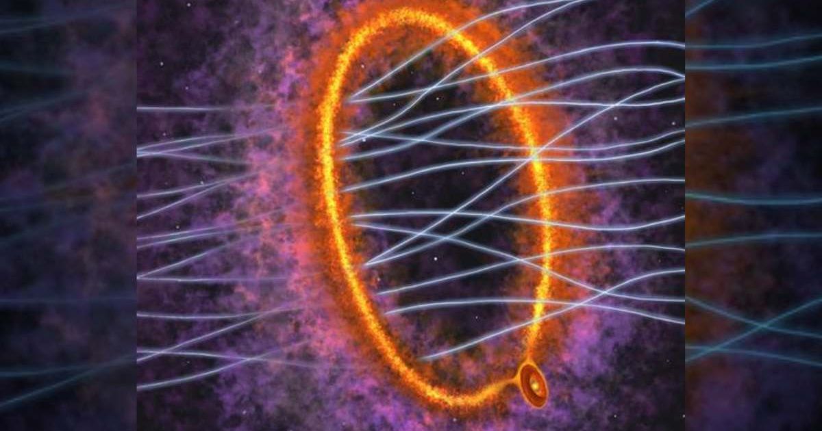 An artist’s rendering of the molecular cloud core of MC 27 based on observations from the ALMA telescope. (Cover Image Source: Kyushu University | Y. Nakamura, K. Tokuda et al.)