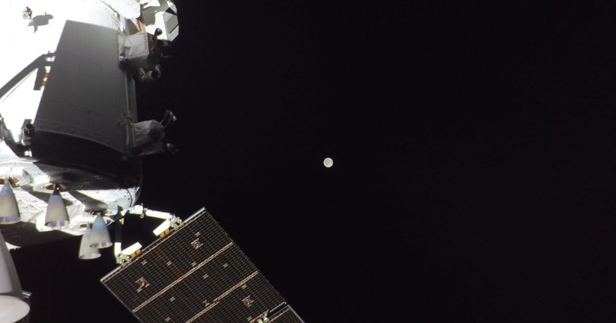 This image, taken on April 3, 2026, shows the Orion spacecraft with the Moon in the distance, captured by a camera mounted on the tip of one of its solar array wings. (Cover Image Source: NASA)