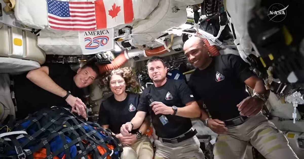 From far left, CSA’s Jeremy Hansen and NASA astronauts Christina Koch, Reid Wiseman and Victor Glover during a live conversation with U.S. President Trump following their historic lunar flyby during Day 6 of Artemis II. (Image Source: NASA)