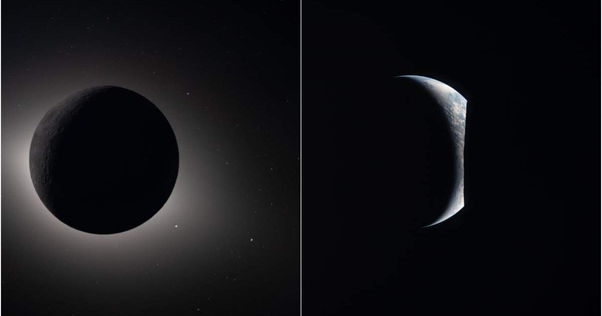 (L) The Moon fully eclipsing the Sun during the Artemis II lunar flyby. (Image Source: NASA) (R) Earthrise captured through Orion during the lunar flyby. (Image Source: NASA)
