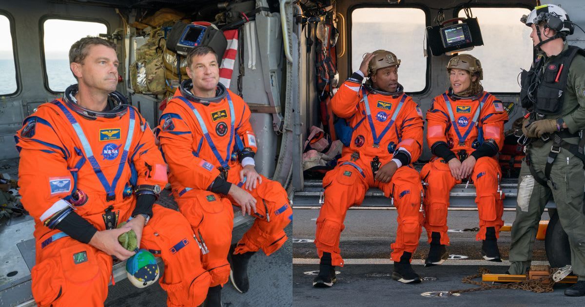 (L) Artemis II crewmates Reid Wiseman, left, and Jeremy Hansen (CSA) seated after splashdown at the flight deck of USS John P. Murtha. (R) Victor Glover, left, and Christina Koch, right. (Cover Image Source: Bill Ingalls/NASA via Getty Images)
