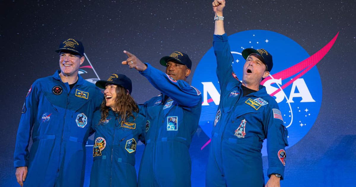 The Artemis II crew are seen during a crew return event, Saturday, April 11, 2026, at Ellington Field in Houston, Texas. (Image Source: NASA | John Kraus)