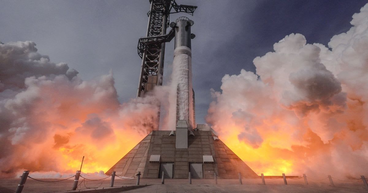 Starship's Super Heavy V3 undergoes a powerful static fire at Starbase, with flames and exhaust billowing. (Cover Image Source: SpaceX)