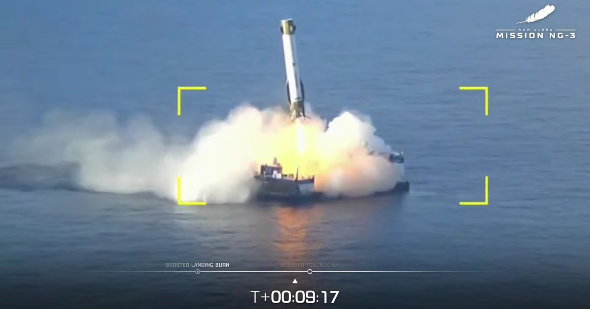 Blue Origin's reused New Glenn booster demonstates successful landing on the Jacklyn droneship during the NG-3 mission. (Cover Image Source: Blue Origin's Webcast on YouTube)