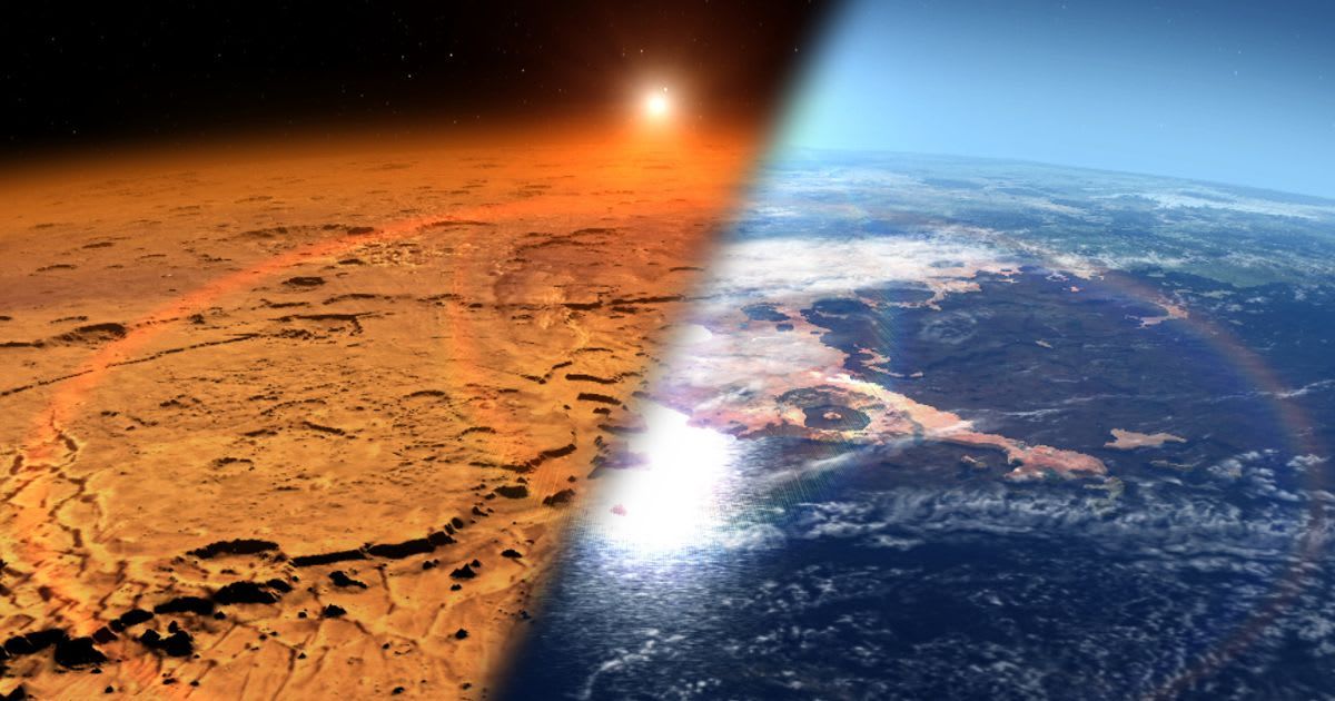 This artist’s concept depicts the early water-rich Martian environment (right) versus the cold, dry environment seen at Mars today (left). (Cover Image Source: NASA’s Goddard Space Flight Center)