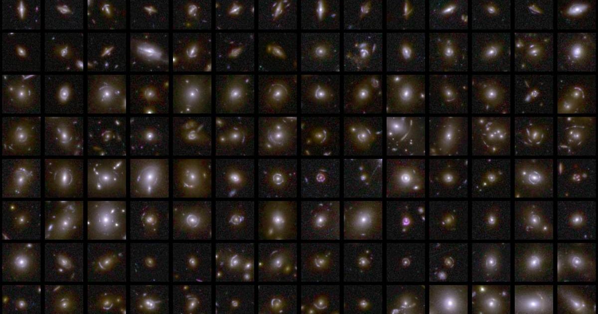 A 14x8 collage of examples of gravitational lenses that Euclid captured in its first observations of the Deep Field areas. (Image Source: ESA | Euclid | NASA | Processed by M. Walmsley, M. Huertas-Company, J. C. Cuillandre)