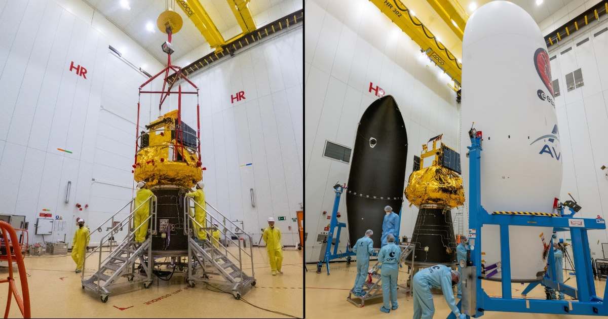 (L)The Smile spacecraft (gold) fixed to a Vega-C rocket adaptor (black cone) ;(R)The Smile spacecraft enclosed inside a Vega-C rocket fairing. (Cover Image Source: ESA-M. Pédoussaut)