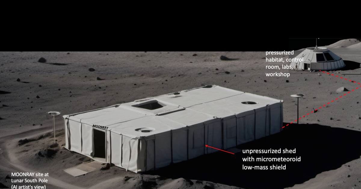  Artist’s view of an unpressurized shed hosting the proposed MoonRay telescope and control room and laboratories in a nearby pressurized habitat. (Cover Image Source: Marrocchesi, P. S. Advances in Space Research, 2026, Doi:10.1016/j.asr.2025.10.076)