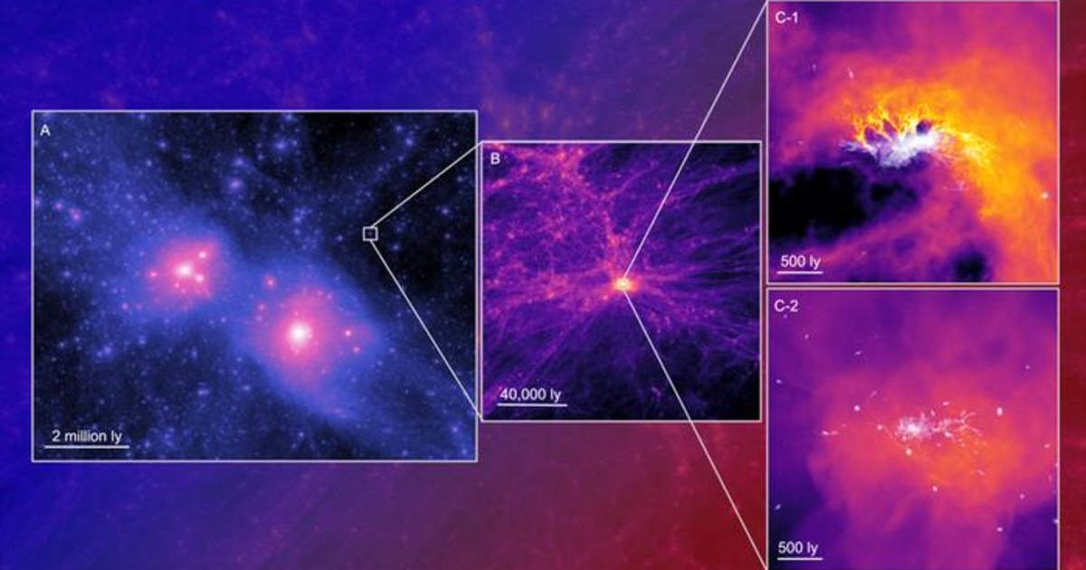 (A)Dark matter map in our cosmic neighborhood. (B)Zoomed-in version of A. (C-1, C-2) stars and gas in simulated ultra-faint dark matter galaxy, formed in center of dark matter halo in B. (Cover Image Source: J Sureda/A Fattahi/S Brown/S Avraham)