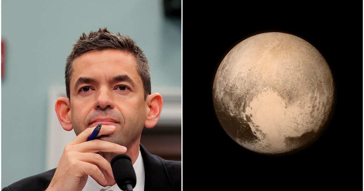 (L) NASA Chief Jared Isaacman testifies during a House budget hearing at the Rayburn House Office Building on April 27, 2026. (Source: Heather Diehl/Getty) (R) Image of Pluto captured by NASA's New Horizons spacecraft.(Source: NASA/APL/SwRI/Getty)