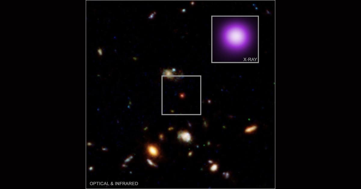 An image of the “X-ray dot,” discovered by NASA's Chandra. (Cover Image Source: NASA/CXC/Max Plank Inst./R. Hviding et al. Optical/IR; NASA/ESA/STScI/HST; Image Processing: NASA/CXC/SAO/N. Wolk; black background added by Starlust staff)