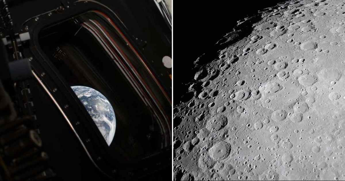 (L)A view of Earth taken by Artemis II commander Reid Wiseman from one of the Orion spacecraft's four main windows on April 2, 2026. (Courtesy: NASA/Reid Wiseman); (R)A new photo of Moon captured during the mission. (Courtesy: eol.jsc.nasa.gov)