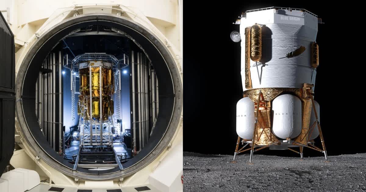 (L) Blue Origin’s Blue Moon MK1 lander in thermal vacuum testing at NASA’s Johnson Space Center (Image Source: NASA); (R) Blue Moon MK1 cargo lander rendering on the Moon (Image Source: Blue Origin)