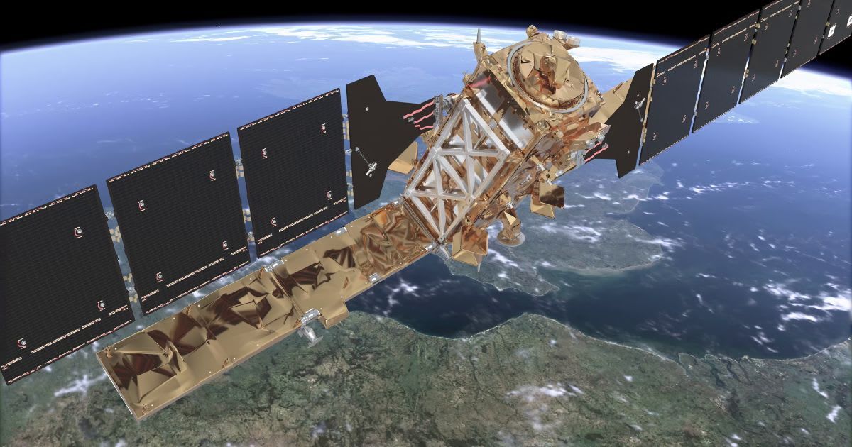Copernicus Sentinel-1 satellite in orbit above Earth imaging the planet below. (Representative Cover Image Source: ESA/Mlabspace)