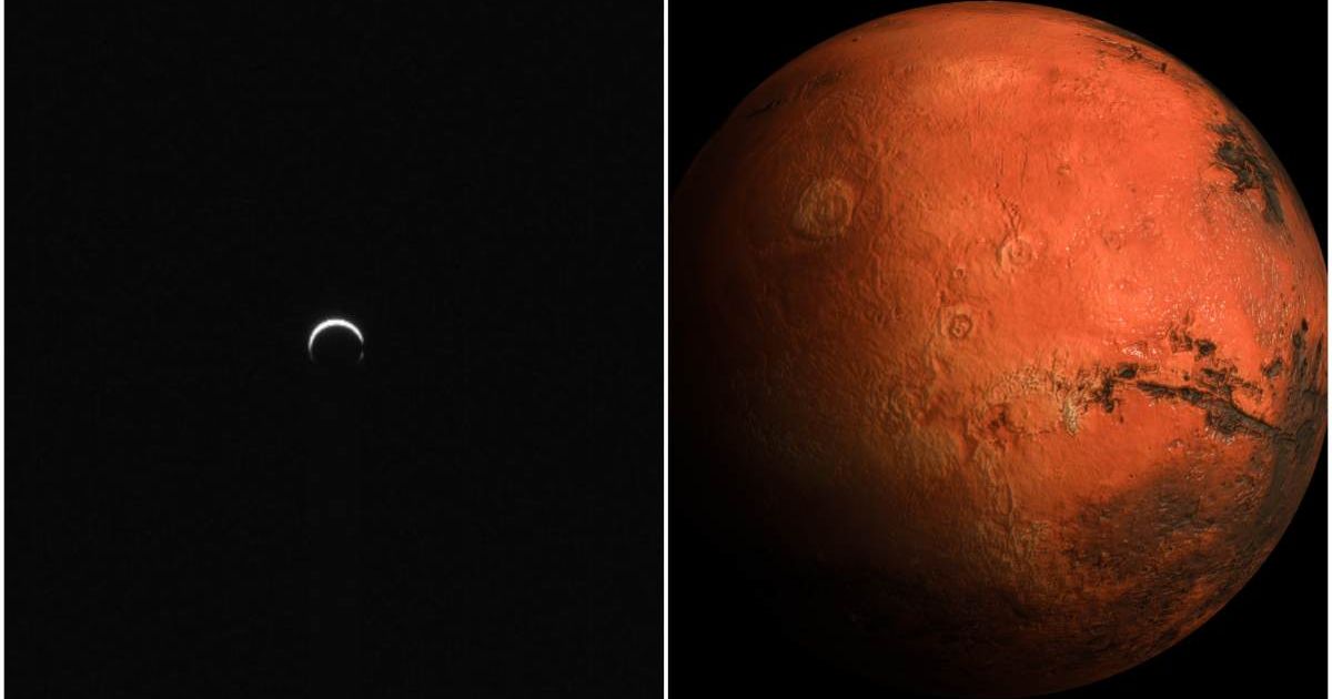 (L)A collage showing an image of Mars captured by NASA’s Psyche mission on May 3, 2026, about 3 million miles from the planet as the spacecraft approaches for a gravity assist on May 15; (R) High-resolution photo of Mars. (Image Sources: NASA)