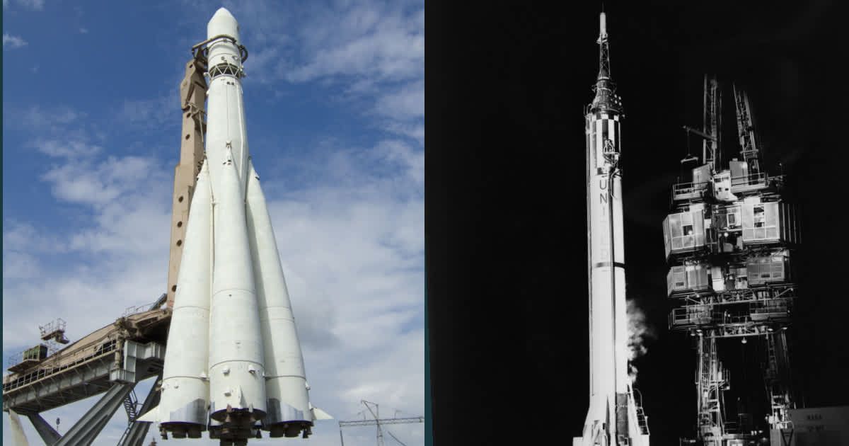 Left: Russian Vostok rocket that carried Yuri Gagarin (first man in space). Right: Mercury Redstone 3, that carried Alan Shepard (first American in space). (Representative Image Source: NASA)