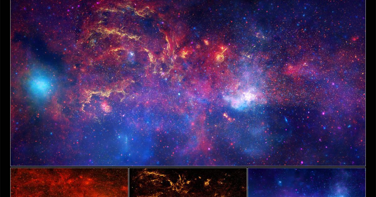 Views of the Galactic Center region from NASA's Great Observatories. (Image Source: :NASA, ESA, SSC, CXC, and STScI)