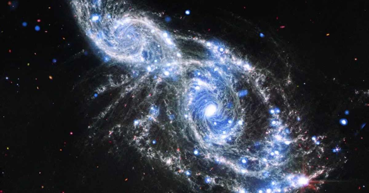 NASA's James Webb and Chandra X-ray Observatory come together to catch a pair of spiral galaxies colliding with each other. (X-ray: NASA/CXC/SAO; Infrared: NASA/ESA/CSA/STScI/Webb; Image Processing: NASA/CXC/SAO/L. Frattare) (Image resized on Canva)