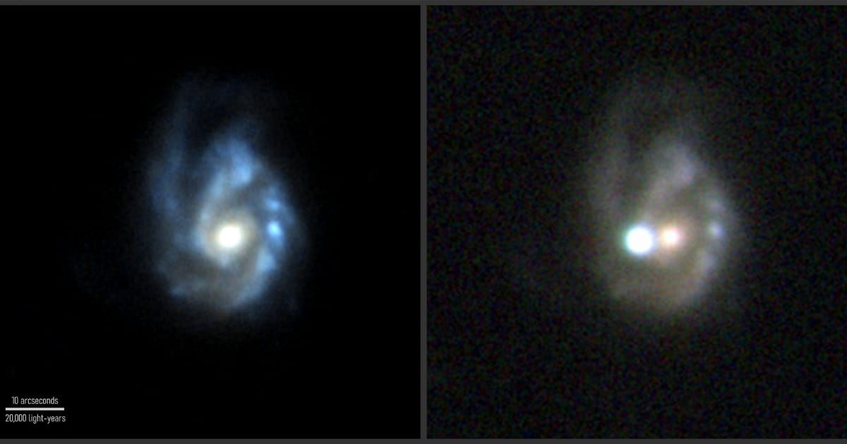 Galaxy NGC 3191, shown on the left before the supernova. The image at right, taken on July 1, 2017, shows SN 2017egm outshining the entire galaxy. (Image Source: Left, SDSS and PS1; right, NOT+ALFSOC/Bose et al. 2020)
