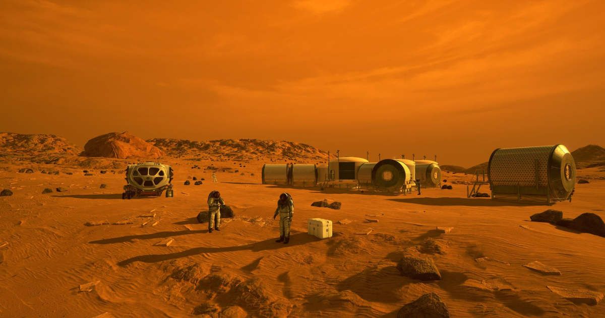 This is an artist's concept that depicts astronauts and human habitats on Mars. (Representative Cover Image Source: NASA)