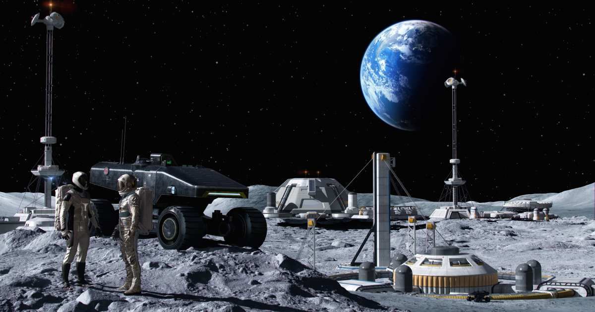 Conceptual illustration of a future lunar base on the Moon, representing helium-3 as a potential energy resource for next-generation fusion power. - stock photo (Representative Cover Image Source: Quantic69/Getty Images)