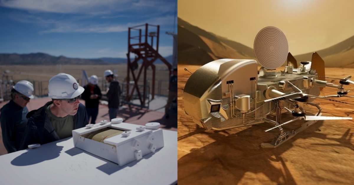 Lockheed Martin's Derek Shannon evaluates material for the Dragonfly heat shield. (Left) (Image Source: NASA) Artist's concept of Dragonfly on the surface of Titan. (Right) (Image Source: NASA/John Hopkins APL)