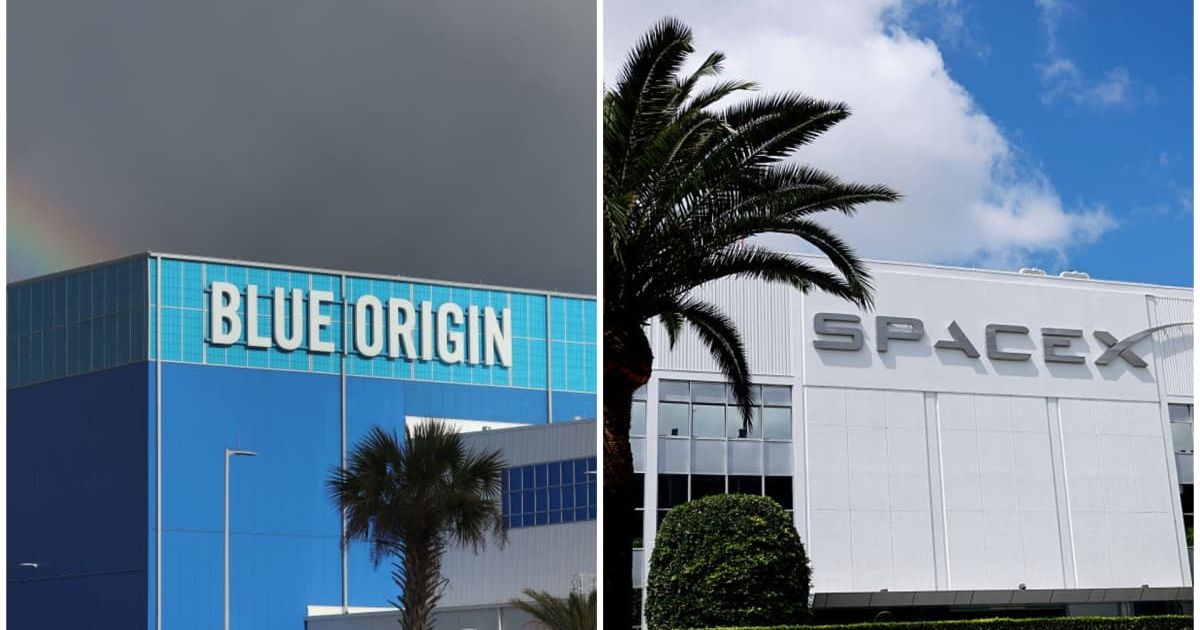 (L) Blue Origin Aerospace Manufacturer building in Cape Canaveral, Florida. (Source: Mark Wilson/Getty Images) (R) The SpaceX logo is displayed at a SpaceX facility in Hawthorne, California. (Source:  Mario Tama/Getty Images)