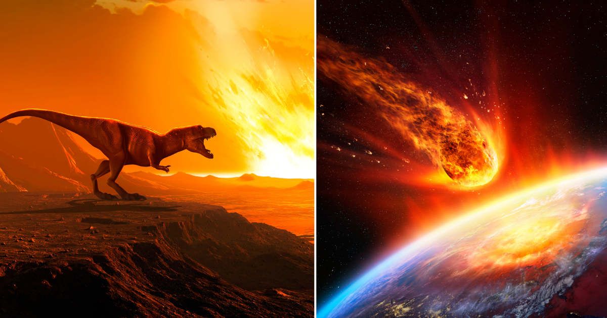 (L) Illustration of a tyrannosaurus as an asteroid strikes the Earth. (R) A fired asteroid collides with Earth. (Representative Cover Image Source: Getty Images| left image by MARK GARLICK and right by RomoloTavani)