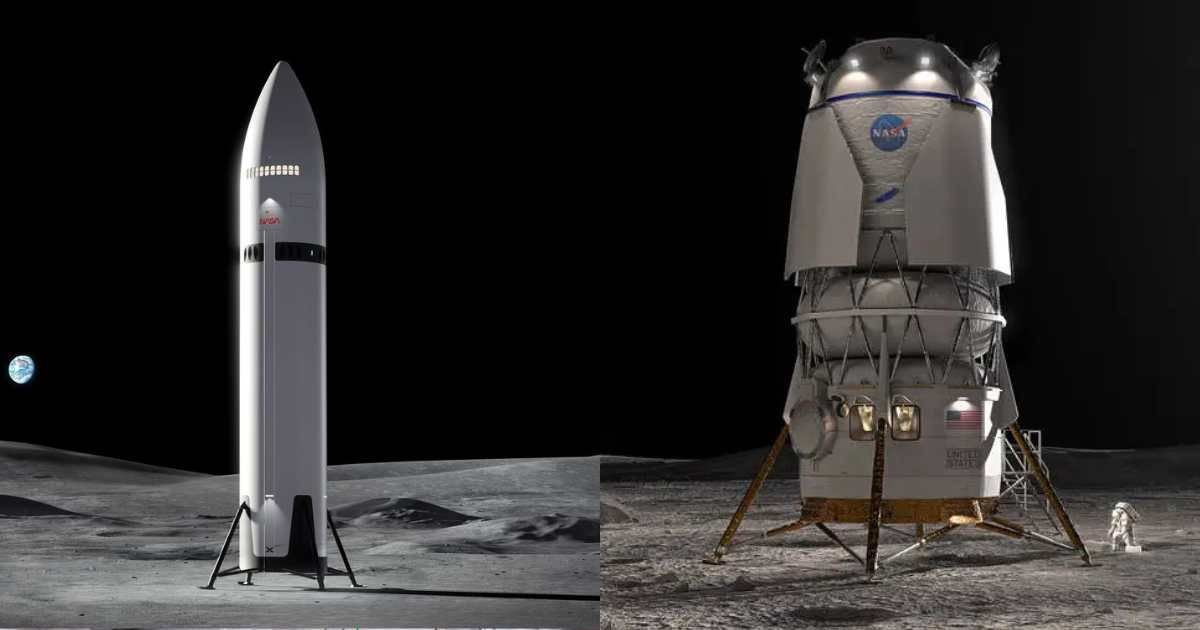 Artist’s concept of the SpaceX Starship HLS and Blue Origin's Blue Moon lander. (Representative Image Source: NASA | SpaceX | Blue Origin)
