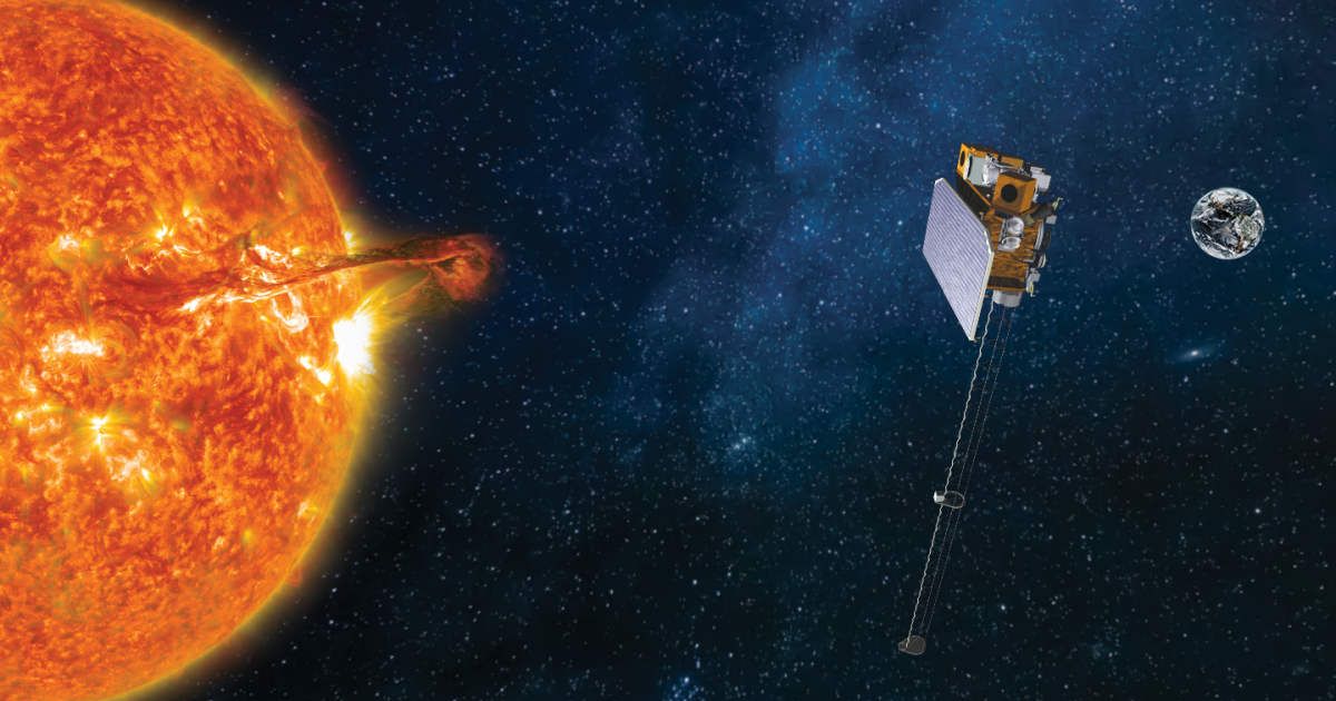 An artist rendering of NOAA's SOLAR-1 satellite in its final position in space orbit, at the Sun-Earth L1 point. Earth is seen 1 million miles away in the far distance on the right of the image. (Representative Cover Image Source: NOAA)
