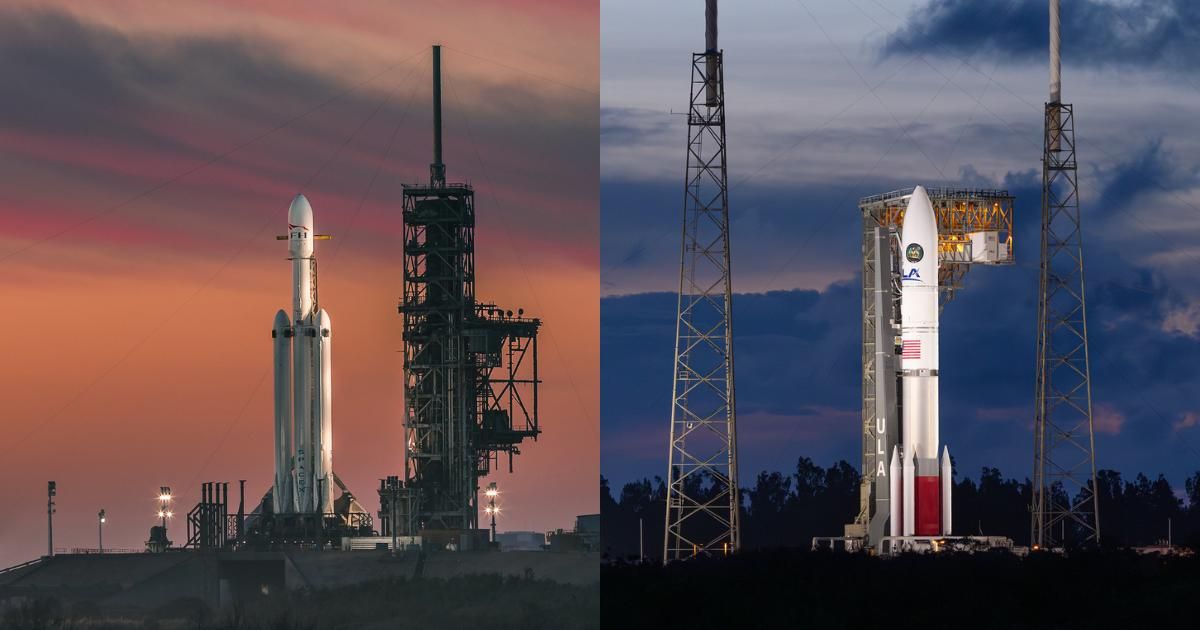 SpaceX Falcon Heavy rocket (left); ULA Vulcan rocket. (Representative Image Source: SpaceX | ULA; Edited by Starlust staff)