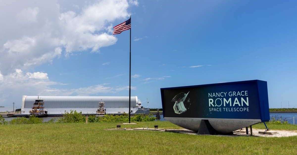 NASA’s Pegasus barge arrives at the Launch Complex 39 turn basin at the agency’s Kennedy Space Center in Florida, carrying Nancy Grace Roman Space Telescope on June 21, 2026. (Cover Image Source: NASA | Amber Jean Notvest)