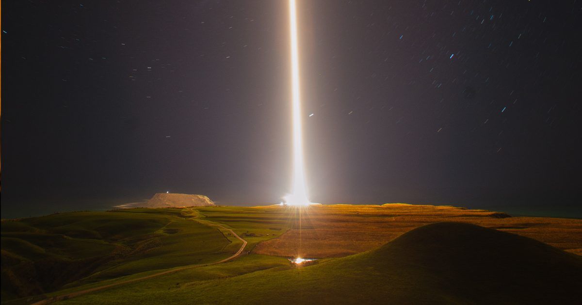 Electron rocket lifts off, leaving a long-exposure trail of light, at 3:19 am PT from the LC-1 in Mahia, NZ, as part of the USSF TacRS Victus Haze mission, June 19, 2026. (Cover Image Source: Rocket Lab)
