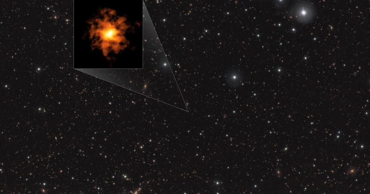 This image shows the galaxy REBELS-25 as seen by ALMA, overlaid on an infrared image of other stars and galaxies. [Cover Image Source: ALMA (ESO/NAOJ/NRAO)/L. Rowland et al./ESO/J. Dunlop et al. Ack.: CASU, CALET]