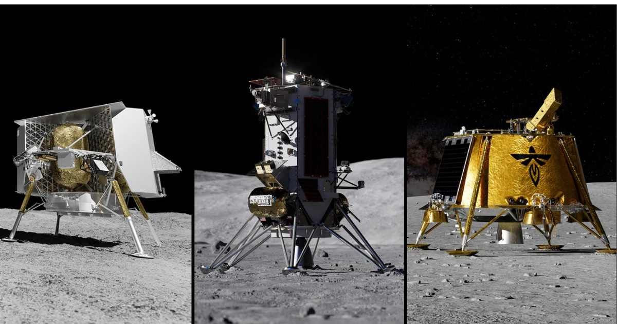 Three artist renderings depict commercial lunar landers from Astrobotic, Intuitive Machines, and Firefly on the Moon. (Cover Image Source: NASA | Astrobotic | Intuitive Machines | Firefly)