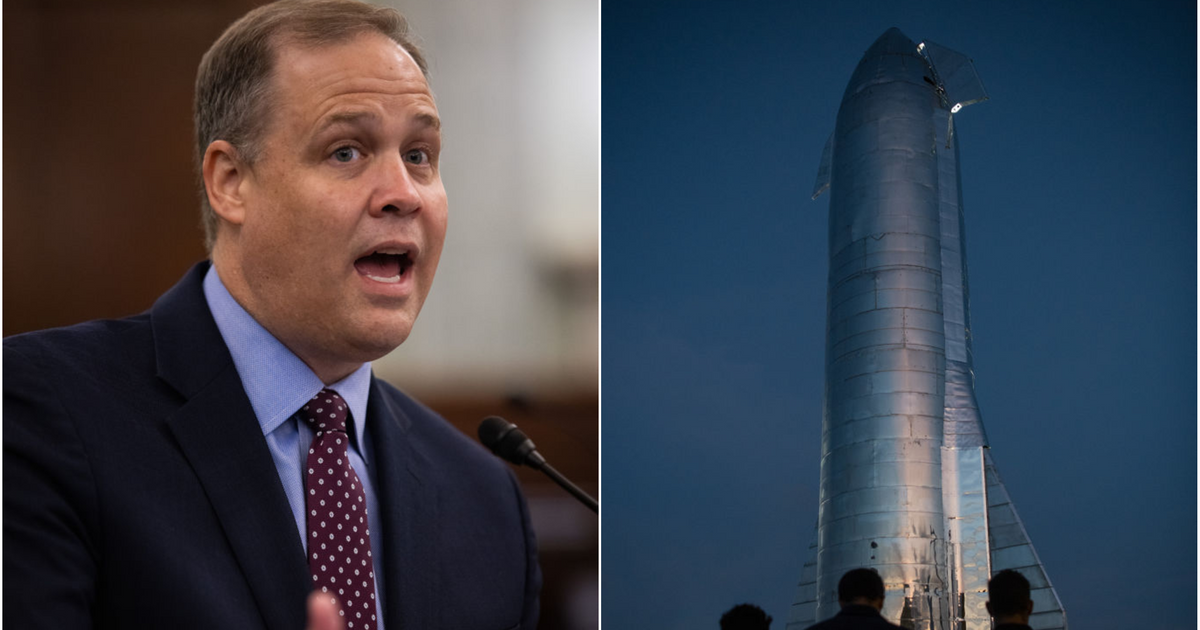 (L) Former NASA Administrator Jim Bridenstine testifies during a Senate hearing. (Graeme Jennings-Pool/Getty Images). (R) A prototype of SpaceX's Starship at the company's Texas launch facility. (Loren Elliott/Getty Images)