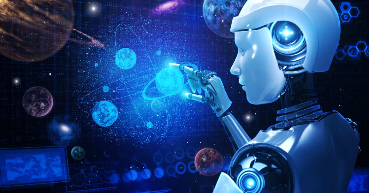 Illustration showing an artificial intelligence (AI) robot operating a digital display with stars and planets. (Cover Image Source: Getty Images | Yuichiro Chino)